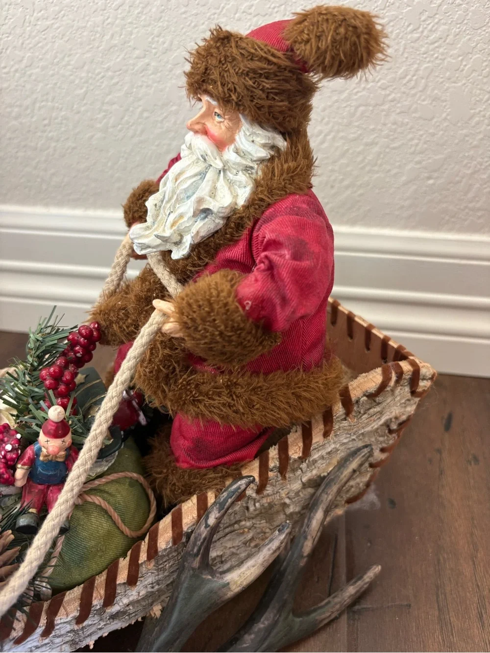 Santa Claus Figure In Bark Wood Sleigh Antlers Sled Christmas Holiday Decor 11”